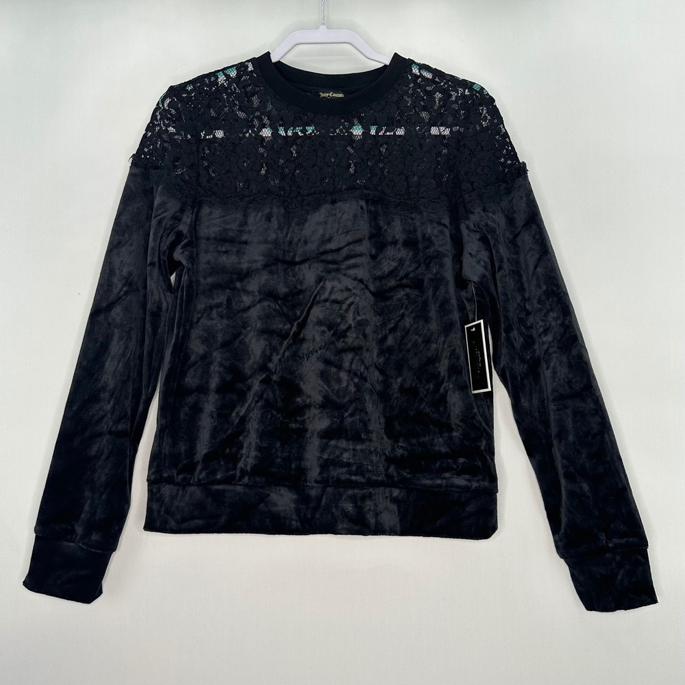 Juicy Couture Black Label‎ Lace Velour Pullover Sweatshirt L Cozy Black Casual